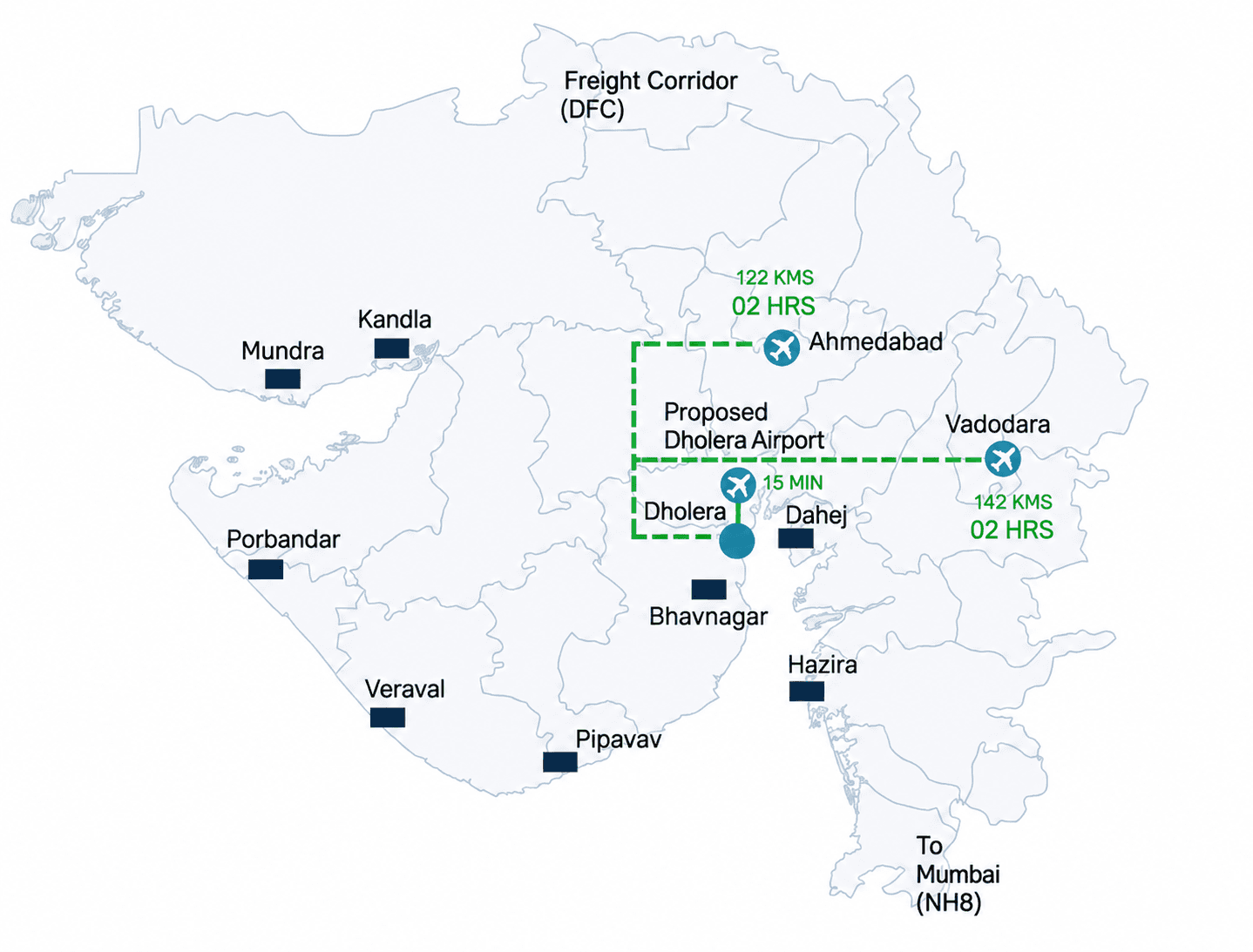 Near By Airports map for Dholera SIR
